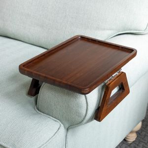 Plateau d'accoudoir de canapé en bois brun foncé . Table d'accoudoir de canapé pliable