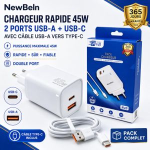 NewBeln Chargeur Rapide USB&TypeC 2in1 45W Blanc Avec Câble Pour Samsung Xiaomi Tecno Infinix