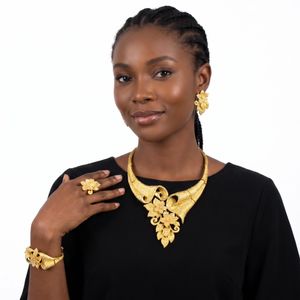 Ensemble de bijoux plaqués or S-14 pour femmes comprenant collier de mariée africain, boucles d'oreilles, bagues, bracelet - Or