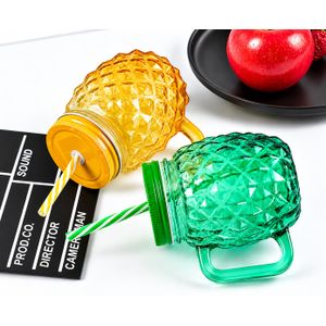 Mug Mason Jar en Verre Coloré avec Couvercle et Paille – Tasse à Poignée Réutilisable pour Jus, Smoothies et Boissons Froides