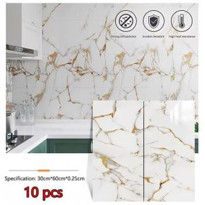 10 feuilles de stickers muraux en vinyle imperméable de 60 x 30 cm, papier peint autocollant en PVC effet marbre, résistant aux hautes températures et aux chocs, idéal pour la décoration de la maison, des meubles, de la cuisine et de la salle de bain.