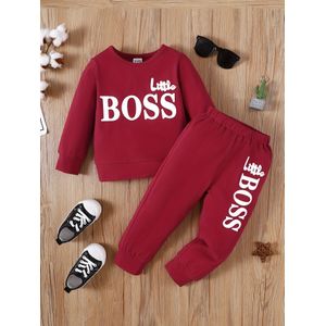 Catpapa Ensemble pour garçons de 1 à 6 ans : sweat et pantalon assortis rouge imprimé "Little BOSS". Tenue décontractée douce, idéale pour l'école, les rendez-vous entre amis et les activités de week-end.