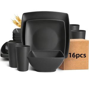 Service de table 16 pièces en paille de blé – Pour 4 (ou 8) personnes – Grand ensemble de vaisselle moderne – Bols, assiettes à dessert et tasses – Vaisselle légère