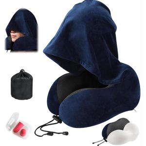 Oreiller De Voyage à Capuche Avec Sac Pour Avion,Bouchons D'oreilles, Oreiller Cervical Confortable En Forme De U En Mousse à Mémoire De Forme