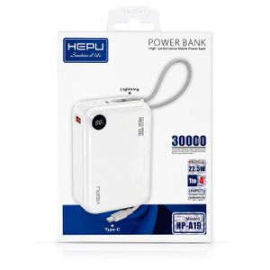 Hepu  Power Bank HP-A19 30000mAh – Batterie Externe Charge Rapide 22.5W – Écran LED – Câbles Intégrés Type-C & Lightning – Blanc