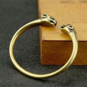 Vintage distressed double leopard head round bar bracelet, creative personalised punk style solid antique brass