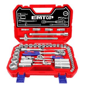 Emtop Coffret De Douilles 51 Pièces – Mixte 1/2" & 1/4" – Cliquets Professionnels à Déverrouillage Rapide – Acier Chrome Vanadium – Coffret de Garage Complet – Modèle Haute Performance