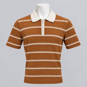 Polo En Maille Tricotée À Manches Courtes Et Col Zippé - Marron & Blanc cassé