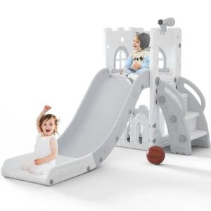 Magnifique Toboggan/ toboggan  6 en 1 pour enfants et bébés /toboggan multifonctions pour tout petit ensemble de jeux pour intérieur ou extérieur avec panier de basket-ball, télescope, rangement. Couleur grise