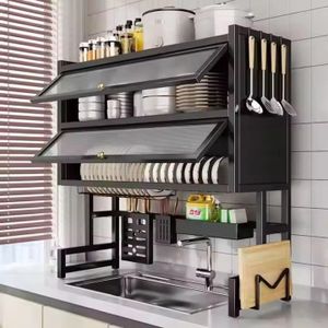 Égouttoir d'Évier de Cuisine Moderne Double Couche Rangement Anti-Poussière Organiseur d'Armoire de Vidange Porte-Vaisselle Multifonctionnel pour la Maison