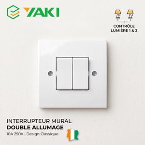 YAKI Interrupteur mural 2G1W blanc, carré, à bouton-poussoir, norme européenne, 250 V, 10 A