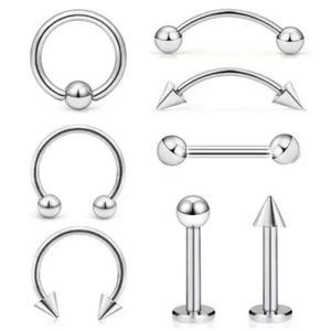 Lot de 8 piercings d'oreille en acier argenté (hélix, sourcils, labret, tragus, haltère) - Bijoux de corps - 1,2 x 8 x 3 mm
