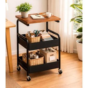 Chariot de Rangement Multifonction à Roulettes - 3 Niveaux avec Plateau en Bois Étagère Mobile pour Cuisine, Bureau, Salon et Salle de Bain noir 