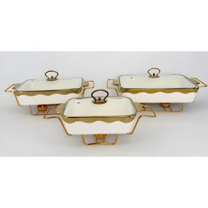 Soupière Céramique Dorée Ovale 38cm + Support Réchaud + Couvercle Verre