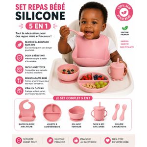 Article  Set Repas Bébé en Silicone 5 Pièces – Bavoir, Assiette, Bol, Tasse, Cuillère & Fourchette