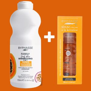 Byphasse Sérum Capillaire a la kératine pour Cheveux Secs, Ternes et Abimés anti-frisottis avec filtre UV 50ml et Shampooing 2 en 1 Nourrissant  750ml