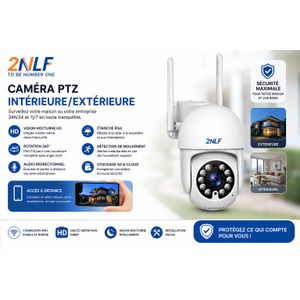 Caméra de Surveillance PTZ WiFi 2NLF HD 1080P - Rotation 360° - Vision Nocturne - Audio Bidirectionnel - Étanche IP66