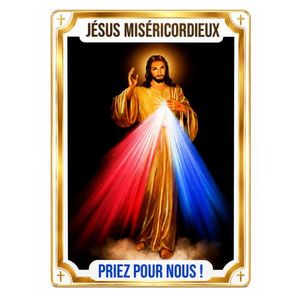 Tableau Religieux Jésus Miséricordieux Format A4 - Cadre Sacré Rigide 2-en-1 À Accrocher Ou À Poser pour Coin Prière & Maison - Blanc/Or