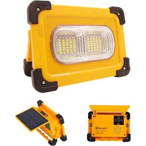 Lampe de travail solaire LED rechargeable avec haut-parleurs Bluetooth, 4 modes, projecteur super lumineux, batterie externe USB