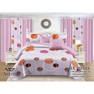 Ensemble Complet de Lit et Rideaux 6 Pièces - Motif Géométrique Rose et Orange