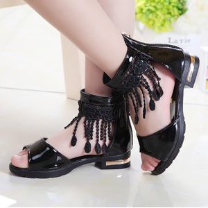 Chaussures de princesse en cuir PU pour filles，Sandales pour enfants filles，Sandales élégantes à pompons pour la fête de rentrée-noir