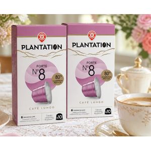  2 paquet de 10=  20 capsules aluminium de café PLANTATION, Forte, n°8, Café Lungo. Compatible machine Nespresso. Café  arabica torréfié et moulu en capsule.