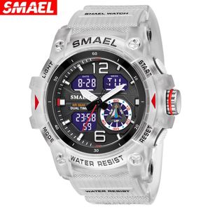 Smael Montre Sport Homme Double Affichage Analogue + Numérique 50M Résistante à l'Eau Double Heure Alarme Chronographe Jour-Date Montre de Plein Air - Blanche