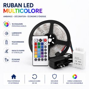 Ruban LED RGB Multicolore 5M – 16 Couleurs – Télécommande et Adaptateur Inclus