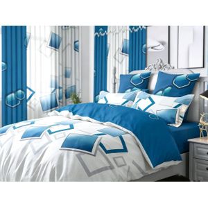 Belle Parure de Lit 3 Places 6 PiècesDraps de Lit 3 places, 2 Draps-240×260cm 2 taies-60×80cm 2 Rideaux -150×220cm - BLEU BLANC