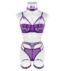 Ensemble Lingerie Sexy pour femme - (Soutien-gorge cage + Choker intégré + String transparent + Harnais/Jarretières de cuisses)