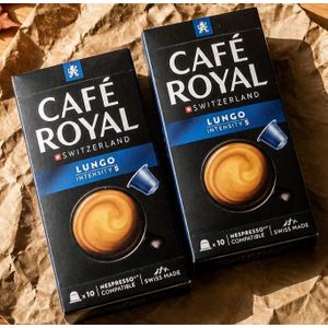 Café Royal Lungo Switzerland, 20 Capsules de café compatibles Nespresso, 100% Arabica, intensité 5/12. 