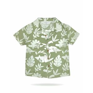 Chemisette Bébé "Dino-Jungle" – Gaze de Coton Vert Kaki & Imprimé Tropical - 9-12 Mois