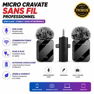 Article Micro Cravate Sans Fil Professionnel – Kit Émetteurs + Récepteur – Compatible Smartphone