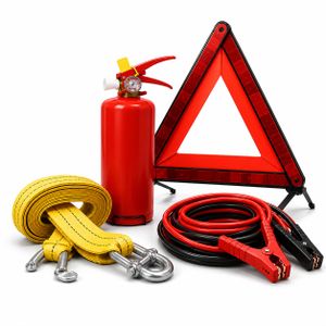 Kit de Sécurité Automobile 4-en-1 – Extincteur 1 kg, Triangle, Corde de Remorquage et Câble de Démarrage