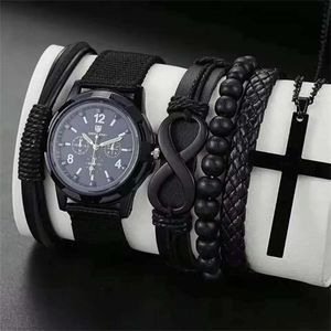 Ensemble de 6 pcs pour hommes: montre bracelet en toile, collier numérique croix simple, bracelet en forme de 8, ensemble de montres polyvalent