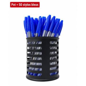 Lot de 50 stylos bleus avec pot de rangement 