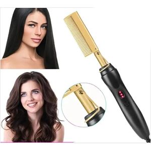 Fer à lisser électrique 2 en 1 Peigne chauffant Lisseur et boucleur pour cheveux Utilisation humide et sèche Fer à lisser Peigne chauffant pour cheveux