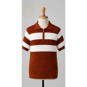 Polo En Maille Pour Homme - Marron & Blanc - Col Zippé