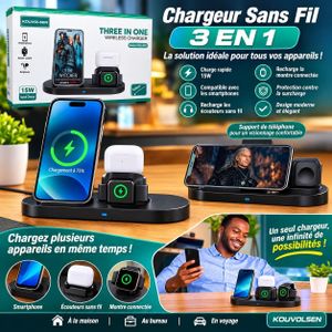 KOUVOLSEN Station de Charge Sans Fil 3-en-1 (15W Fast Charge) – Chargeur Rapide Magnétique pour Téléphone - Écouteurs & Smartwatch