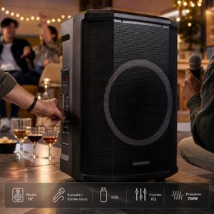 Baffle Amplifié Portable DAEWOO Hip15 (DW-SP01-1502) – Haut-Parleur 15" Bluetooth avec Port Micro, USB, Carte TF, Éclairage Party Lights & Télécommande