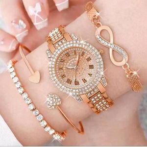 Rose Gold full Diamond roman Digital montre pour femmes + bracelet trois pièces Light Luxury tempérament Wild Watch set