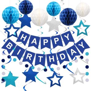 TodyJeyHo Décoration d'anniversaire, bannière "Joyeux Anniversaire" avec des billes en nid d'abeille, épingles suspendues en forme d'étoiles et de courbes, guirlande de points circulaires (bleu)