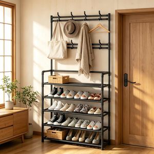 Meuble d'entrée 3-en-1, étagère à chaussures en métal à 5 niveaux avec crochets à vêtements, meuble de rangement robuste en acier au carbone