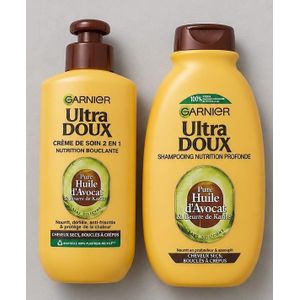 Duo : Shampooing Nutrition Profonde 300ml + Crème De Soin 2 en 1 Nutrition Bouclante 200ml GARNIER ULTRA DOUX Pure Huile D'avocat et Beurre De Karité Cheveux secs, Bouclés À Crépus Importé De France 