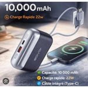 Sovo Power Bank 10000mAh PD-22 – Charge Rapide 22.5W PD - Câble Type-C Et IPhone