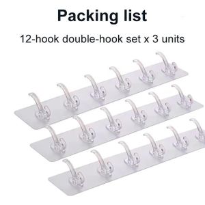 3 lots de porte-crochets adhésifs muraux haut de gamme avec 6 crochets transparents, soit 36 crochets au total
