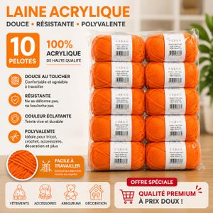 Lot de 10 Pelotes de Laine Acrylique 100% – Fil à Tricoter et Crochet – Orange