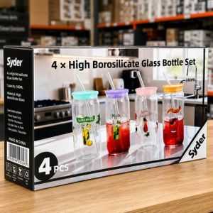 Syder Set de 4 Verres en Borosilicate 500 ml avec Couvercles et Pailles Réutilisables, Bocaux à Boisson Design Coloré pour Jus, Limonade, Smoothies et Boissons Fraîches