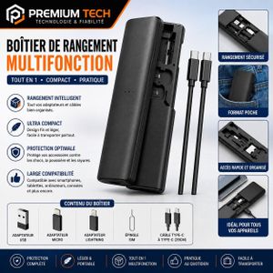 Boîtier de Rangement Multifonction Tout-en-1 – Kit de Câble USB-C & Adaptateurs Micro, Lightning, USB et Épingle SIM