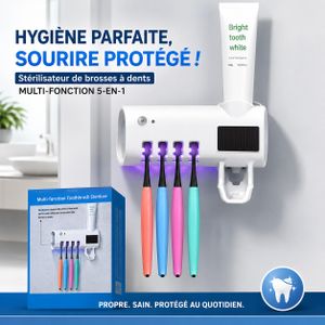 Article Stérilisateur de Brosse à Dents Multifonction 5-en-1 avec Distributeur Automatique de Dentifrice – UV, Support Mural